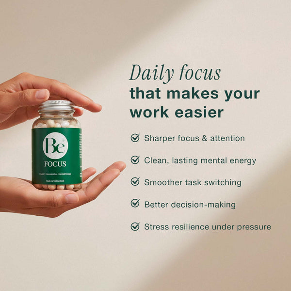 Be Focus supplement bottle held in hands with daily focus and mental energy benefits