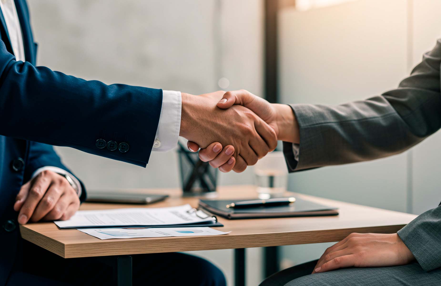 Business professionals shaking hands during a meeting