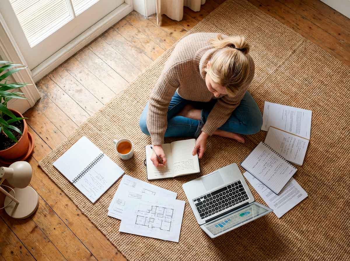 Woman journaling on the floor beside a laptop and work documents