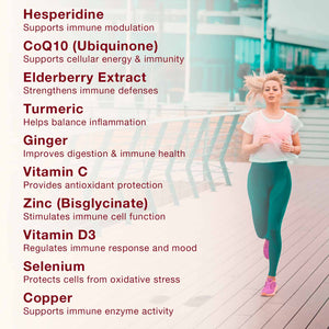 Be Strong ingredient benefits graphic with runner and immune-support nutrients