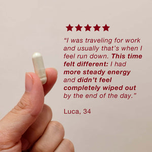 Be Strong customer testimonial graphic showing a capsule and five-star review