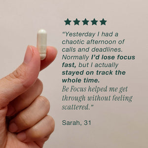 Be Focus customer testimonial graphic showing a capsule and five-star review