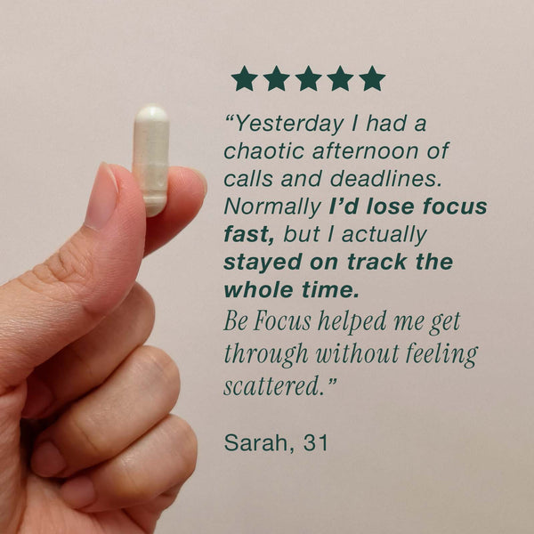 Be Focus customer testimonial graphic showing a capsule and five-star review