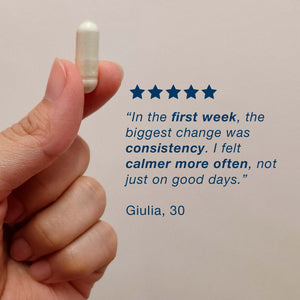 Be Chill customer testimonial graphic showing a capsule and five-star review
