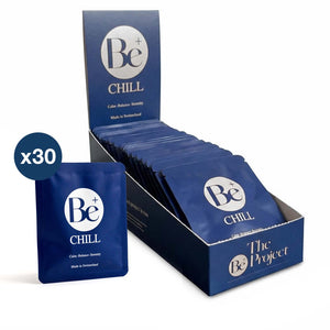 Be Chill supplement sachets display box with 30 individual packets