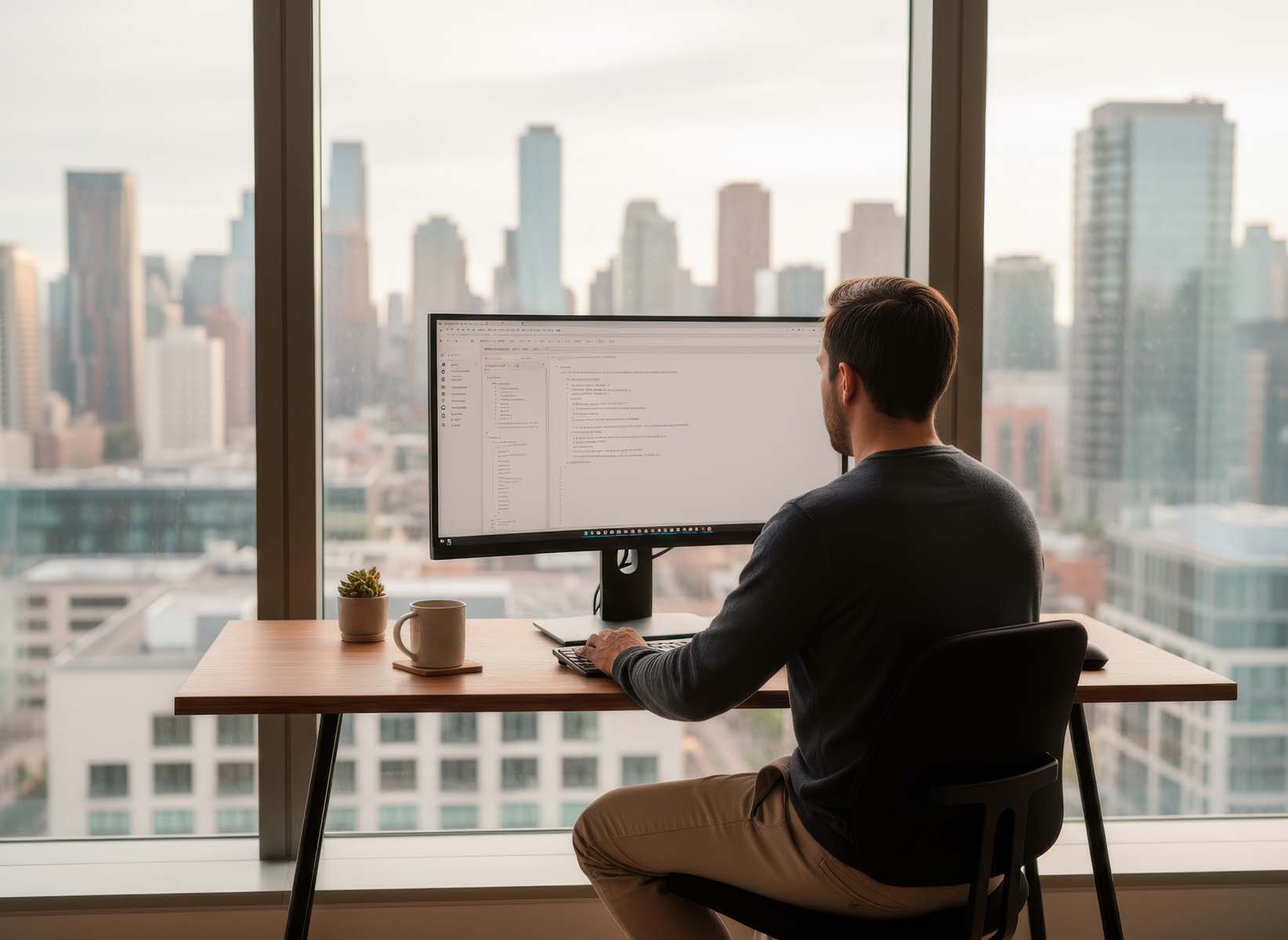 Man working at a computer in an office with a city skyline view
